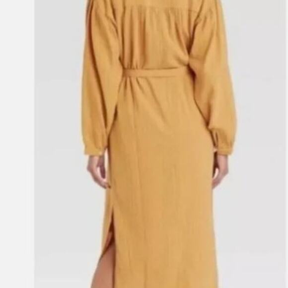 Universal Thread Mustard Gold Balloon Sleeve Gauze Dress Midi Tie Waist Henley - Picture 4 of 5